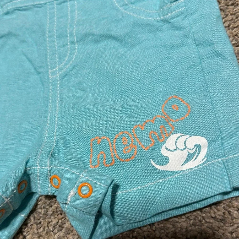 Disney Baby Finding Nemo Romper Overalls 6/9M Blue Embroidered Fish Shortall Y2K